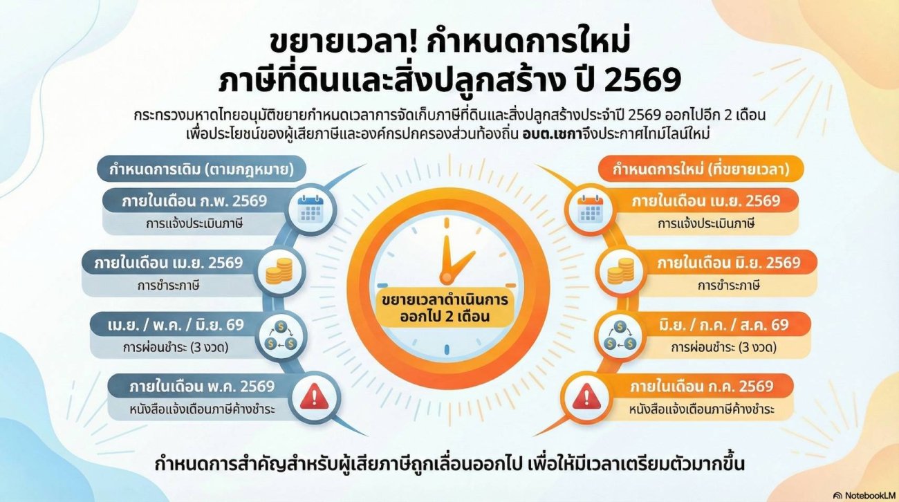 ประกาศ การขยายกำหนดเวลาดำเนินการตาม พรบ. ภาษีที่ดินและสิ่งปลูกสร้าง พ.ศ. 2562 ประจำปี พ.ศ. 2569