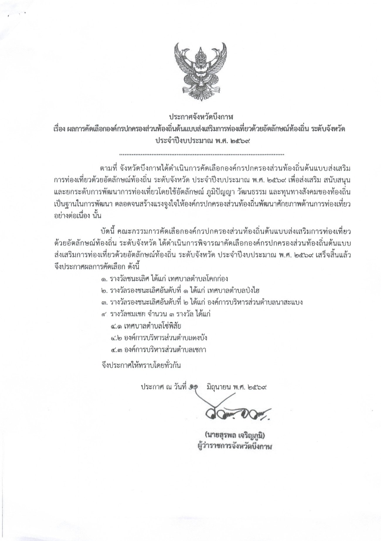 ประกาศจังหวัดบึงกาฬ เรื่อง ผลการคัดเลือกองค์กรปกครองส่วนท้องถิ่นต้นแบบส่งเสริมการท่องเที่ยวด้วยอัตลักษณ์ท้องถิ่น ระดับจังหวัด ประจำปีงบประมาณ พ.ศ. 2569