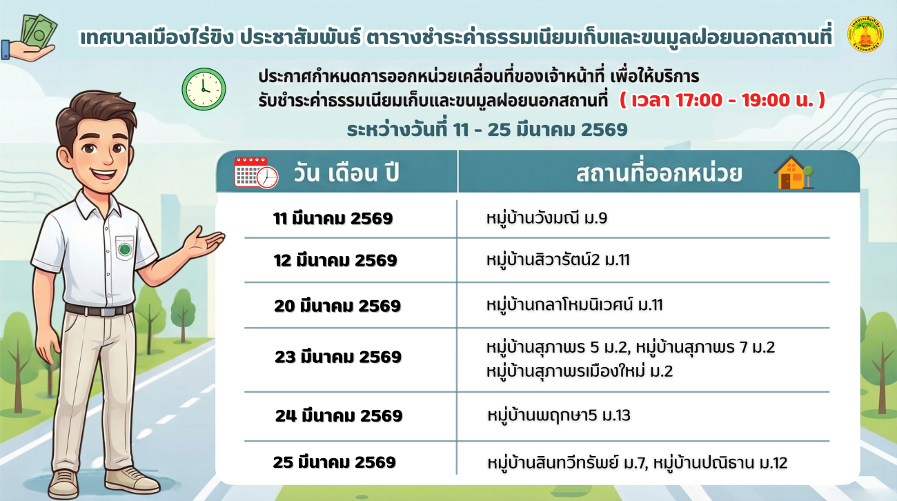 บริการออกหน่วยเคลื่อนที่รับชำระค่าธรรมเนียมเก็บและขนมูลฝอยนอกสถานที่